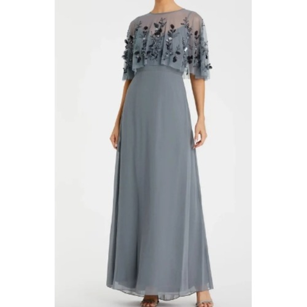 Mac Duggal 9229 Slate Blue Beaded 3D Floral Capelet Maxi Gown Dress Formal NEW